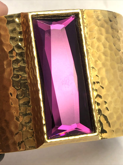 IMAN CN Gold Tone Hammered Metal Purple Cubic Zircoina Statement Cuff Bracelet
