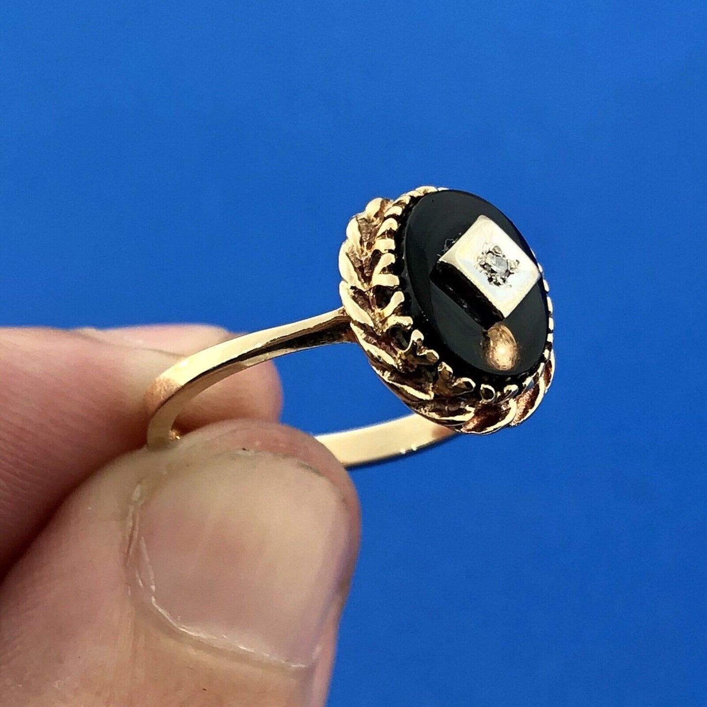 Art Deco Art Nouveau 10K Yellow Gold Black Onyx Diamond Cocktail Ring