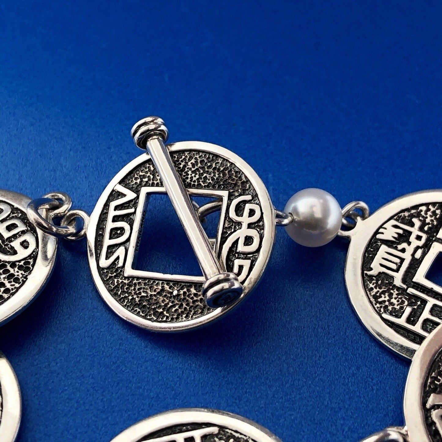 Designer Sterling Silver 925 Chinese Character Disc Panel Link Toggle Bracelet