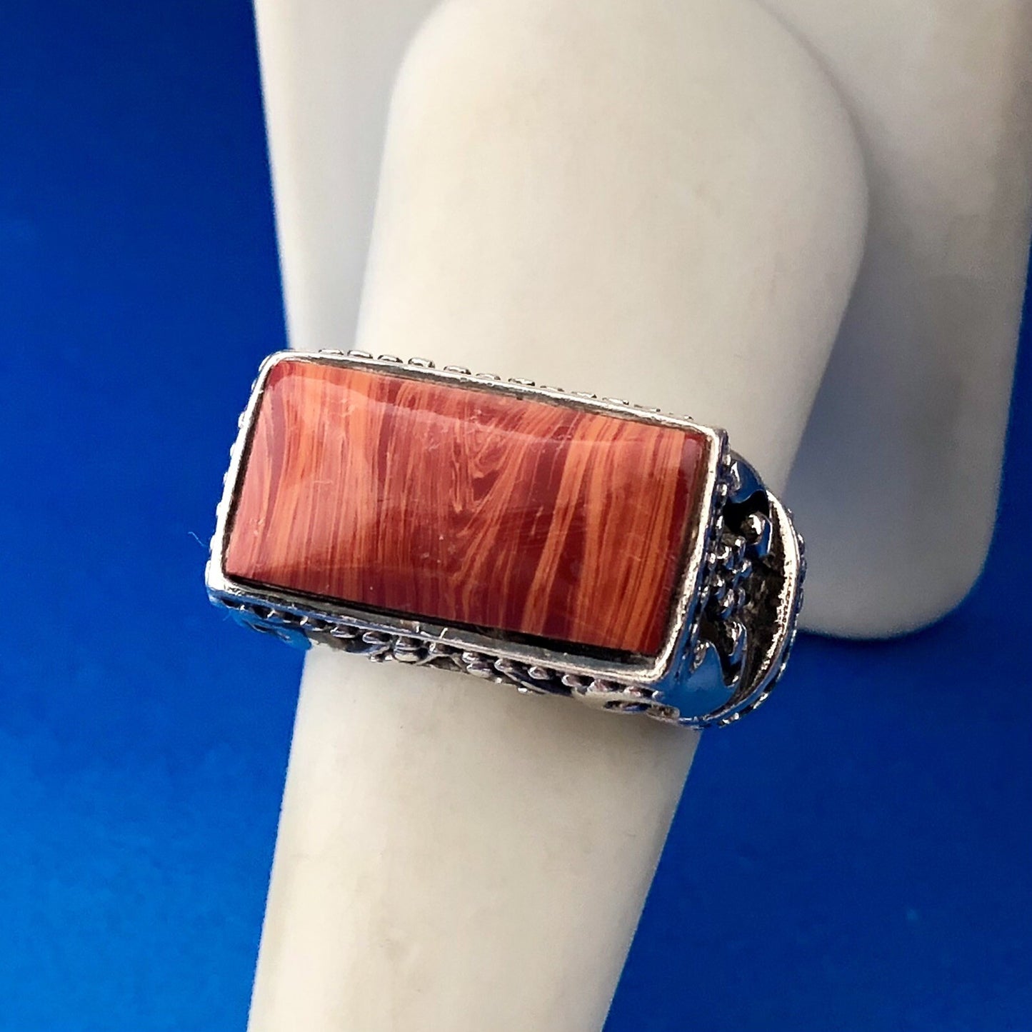 Sterling Silver 925 Red Banded Jasper Scroll Bead Work Statement Bar Dome Ring