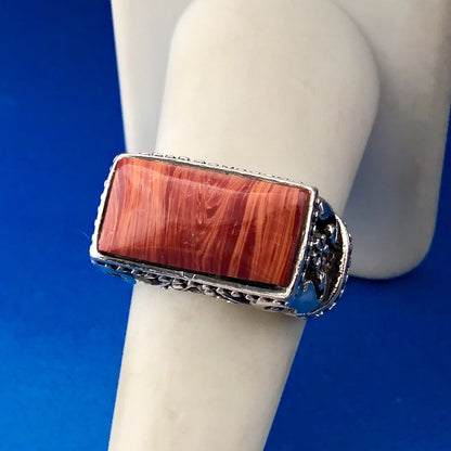 Sterling Silver 925 Red Banded Jasper Scroll Bead Work Statement Bar Dome Ring
