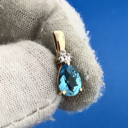 Estate 10k Yellow Gold Diamond Faceted Tear Drop Swiss Blue Topaz Pendant