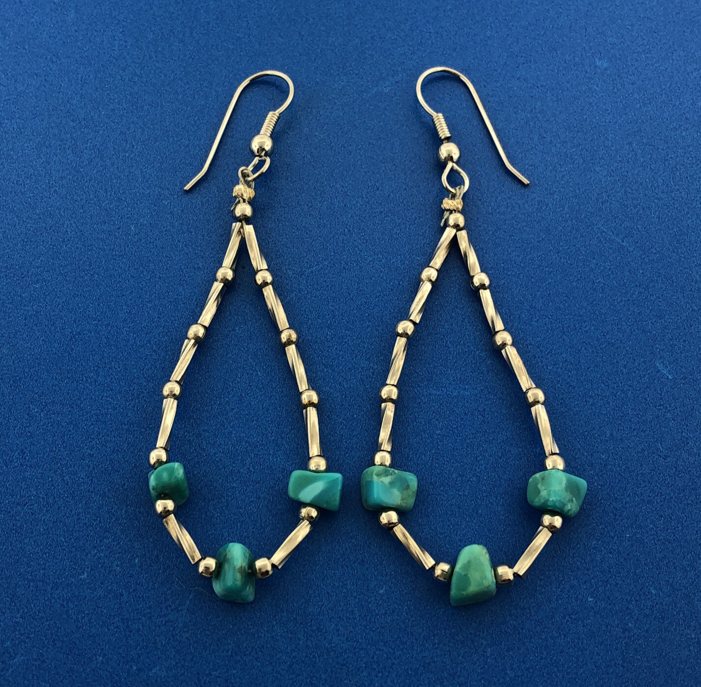Vintage 925 Sterling Silver Turquoise Ball Beaded Oblong Soft Hoop Earrings