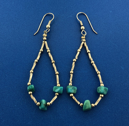 Vintage 925 Sterling Silver Turquoise Ball Beaded Oblong Soft Hoop Earrings