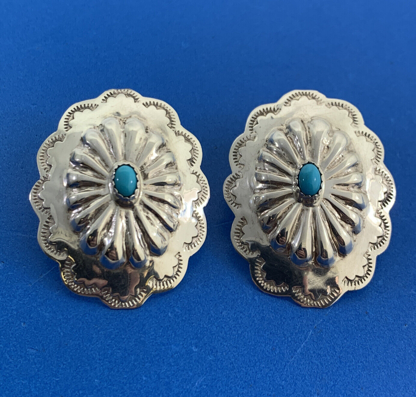 Native American Michael Perry 925 Sterling Silver Turquoise Concho Stud Earrings
