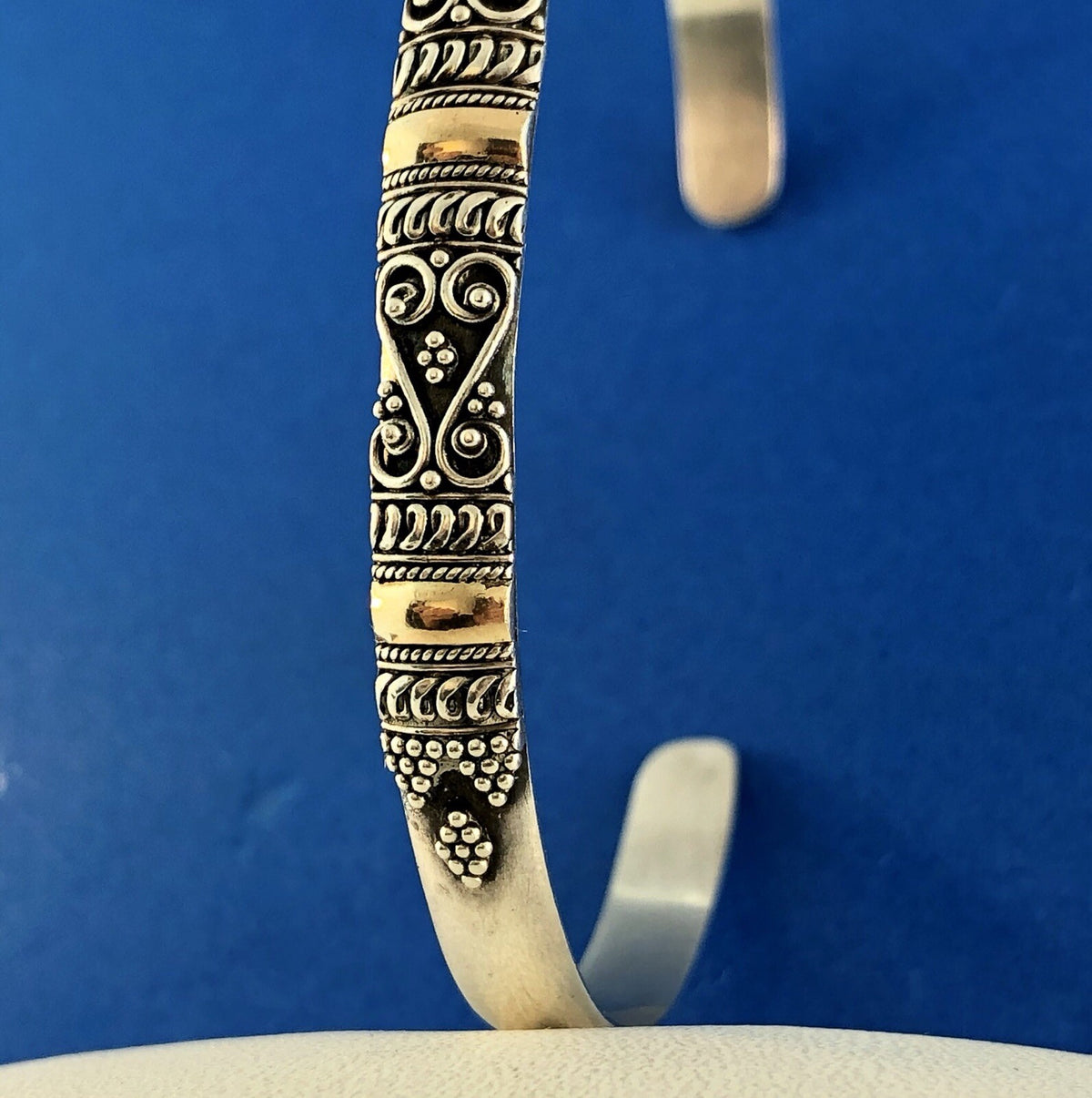 Designer Sterling Silver 18K Yellow Gold Dot Bead Scroll Work Bangle Bracelet