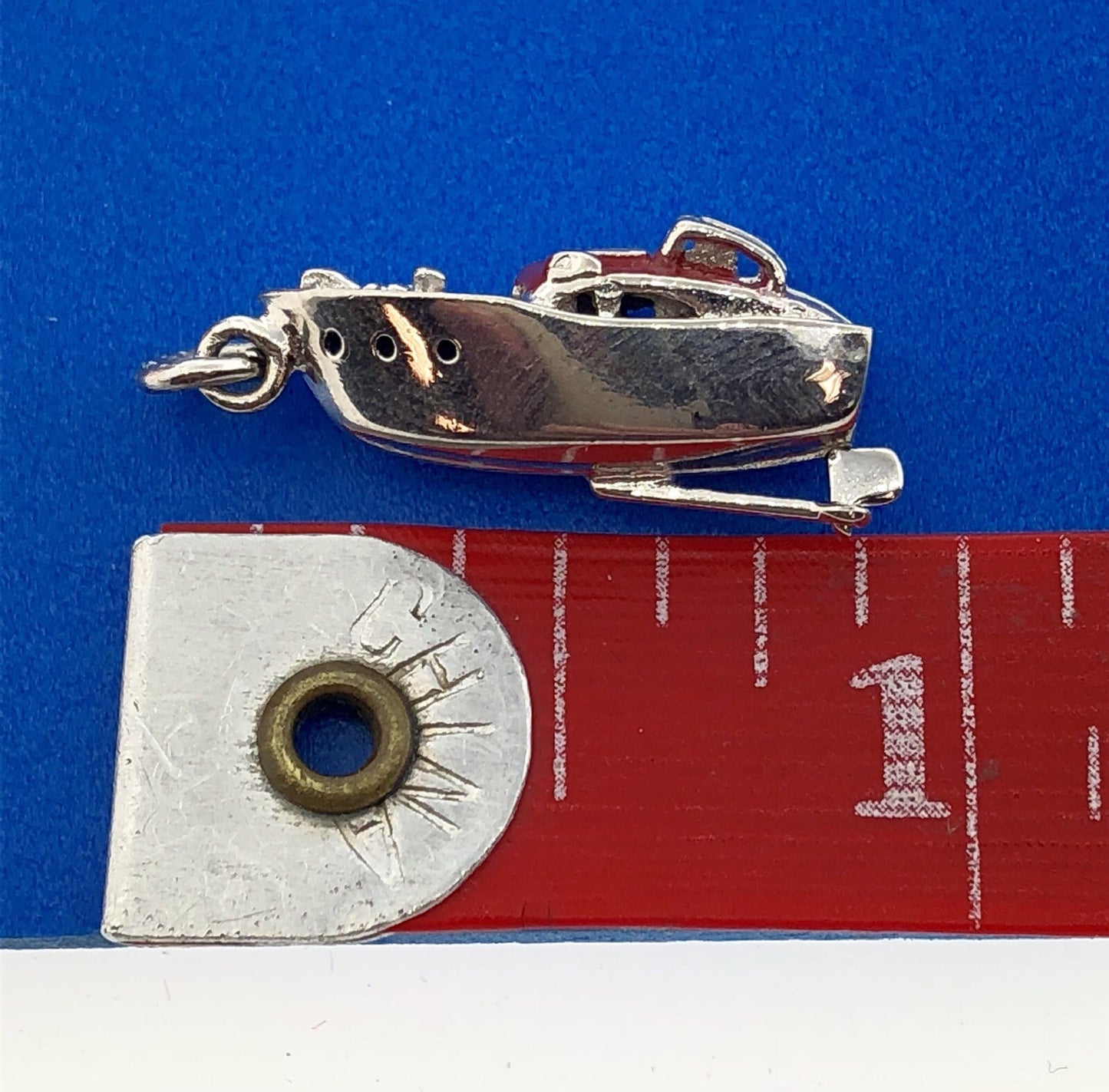 Vintage Designer WELLS 925 Sterling Silver 3D Red Enamel Speed Ski Boat Charm