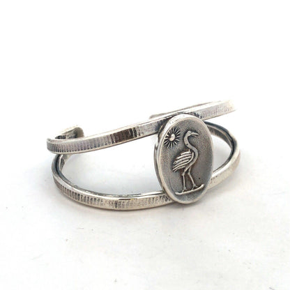 Designer 925 Sterling Silver Heron Crane Bird Sun Oval Open Cuff Bracelet