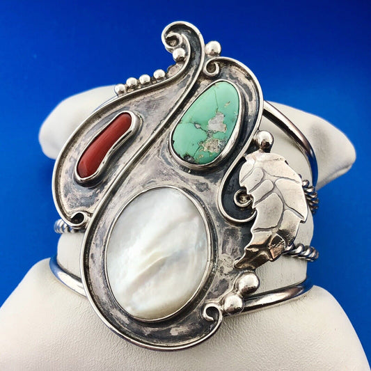 Sterling Silver 925 Mother Of Pearl Turquoise Coral Squash Blossom Cuff Bracelet