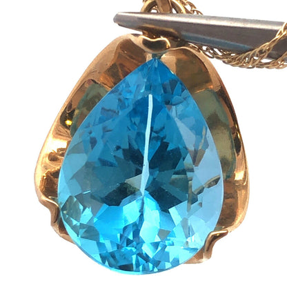 Designer 14K Yellow Gold Pear Blue Topaz Solitaire Statement Pendant Necklace
