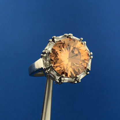 Dramatic 925 Sterling Silver Orange White Cubic Zirconia Statement Cocktail Ring