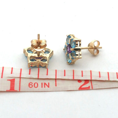 Estate 14K Yellow Gold Blue Topaz Amethyst Flower Statement Stud Earrings