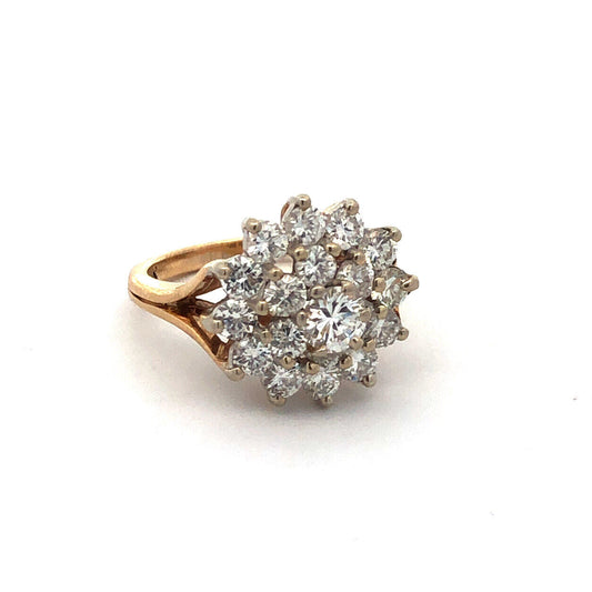 Designer 14K Yellow Gold Round Diamond Cluster Cocktail Statement Ring