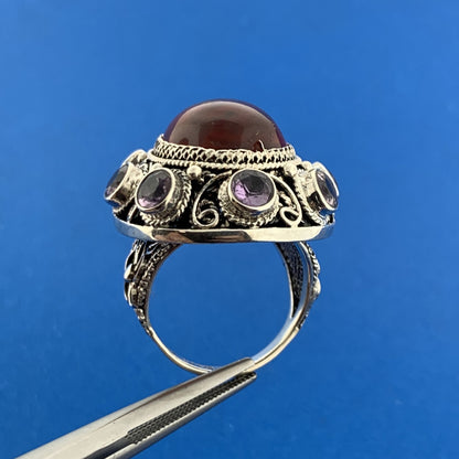 Designer 925 Sterling Silver Amber Cabochon Amethyst Accented Statement Ring