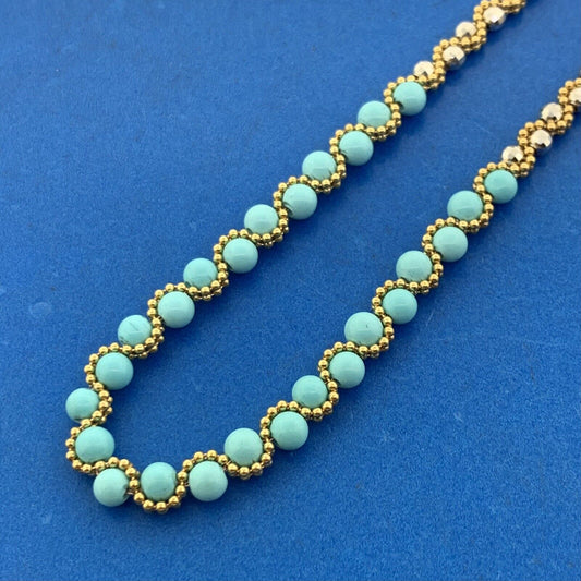 Designer Italy 14K Yellow White Gold Turquoise Bead Disco Gold Ball Necklace