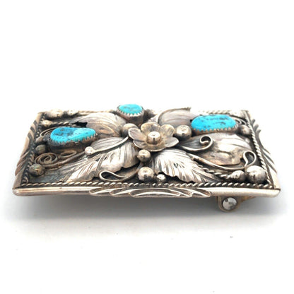 Native American Jameson Lee 925 Sterling Silver Turquoise Floral Belt Buckle