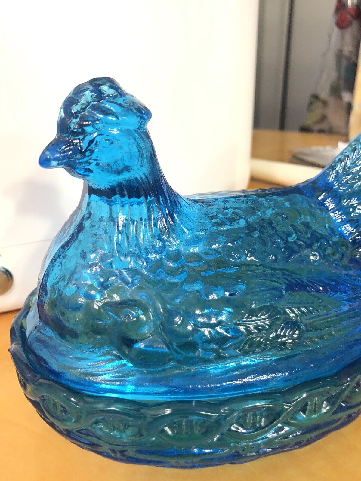 Vintage Blue Aqua Teal Glass Chicken w/Chicks Candy Trinket Dish With Lid