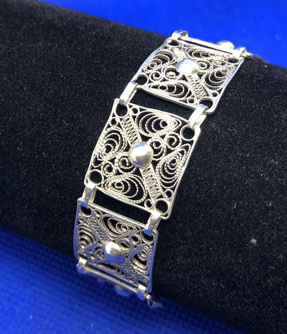 Vintage 925 Sterling Silver Beaded Filigree Delicate Square Panel Bracelet