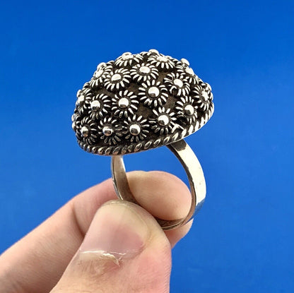 Vintage Taxco Mexico 925 Sterling Silver Floral Mushroom Cap Dome Statement Ring