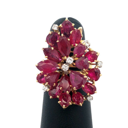 Exquisite Vintage 14K Yellow Gold Ruby Diamond Cluster Statement Cocktail Ring
