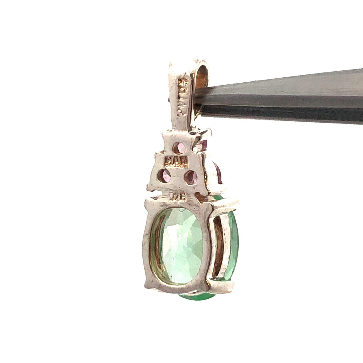 Designer HAN 925 Sterling Silver Oval Aquamarine Round Pink CZ Accent Pendant