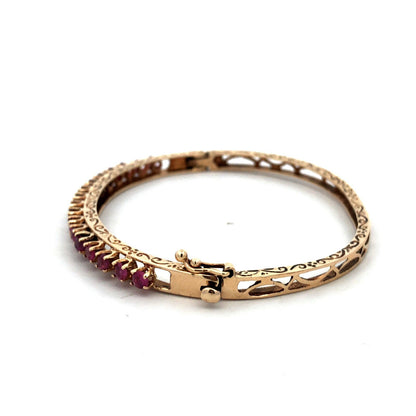Vintage 14K Yellow Gold Round Ruby Open Scroll Hinged Cuff Bangle Bracelet