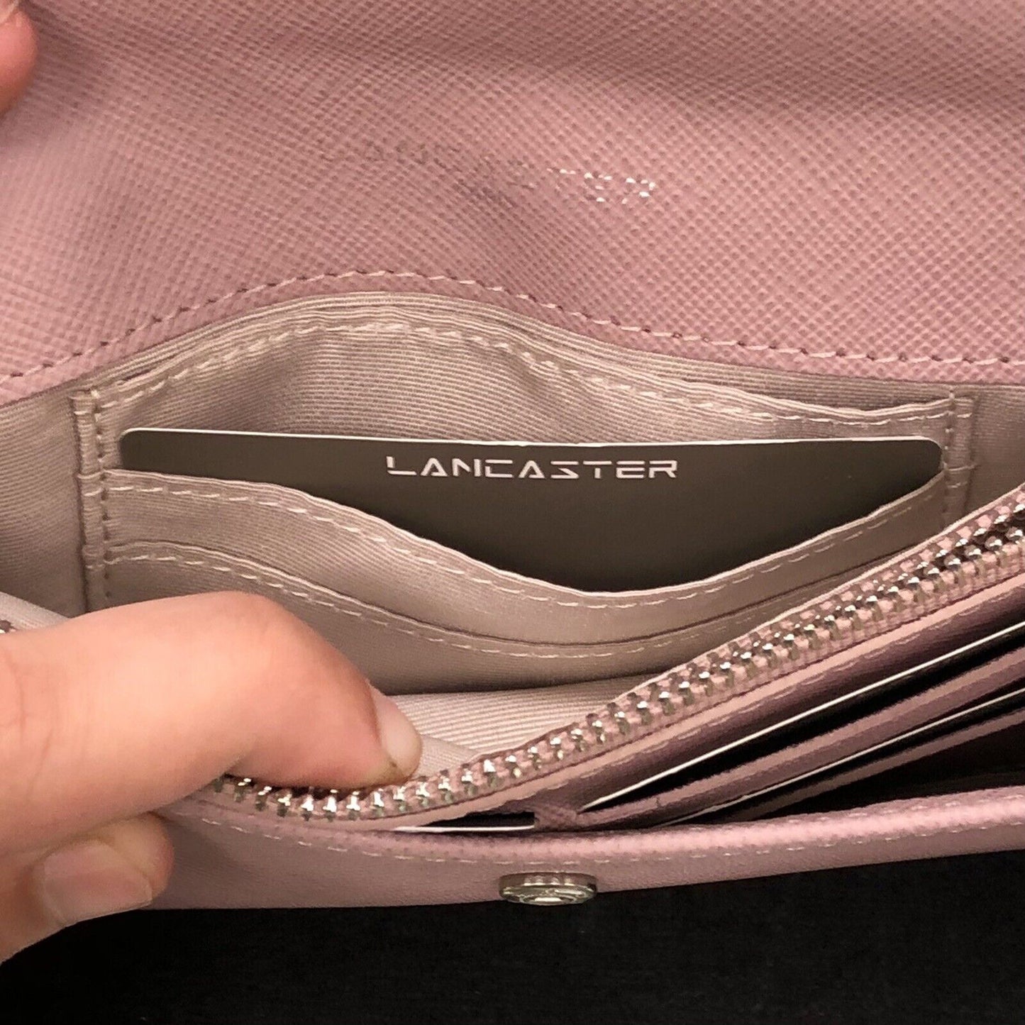 Lancaster Paris Taupe Purple Leather Large Flat Wallet NIB