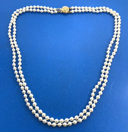 14K Yellow Gold Pearl Double Strand Hand Knotted Necklace