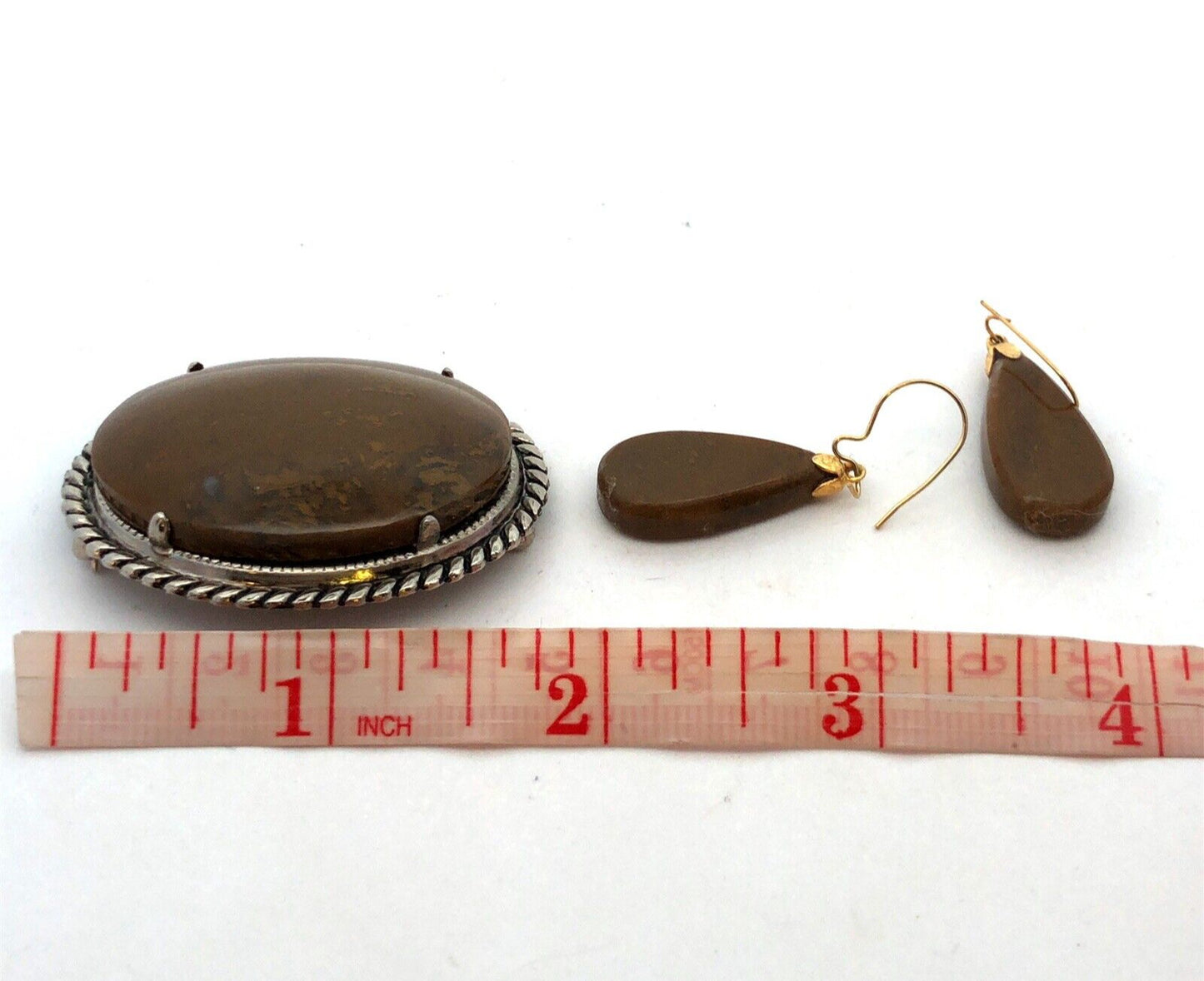 Vintage Southwest Silver Tone Petrified Wood Cabochon Brooch Earrings 3 Pc Set