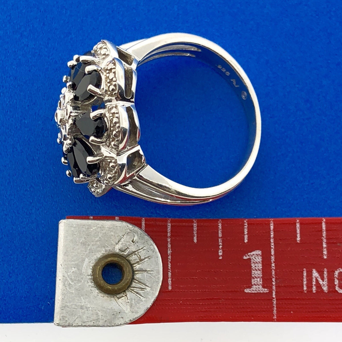 Designer AJ Sterling Silver Sapphire Diamond Floral Cluster September Anniv Ring