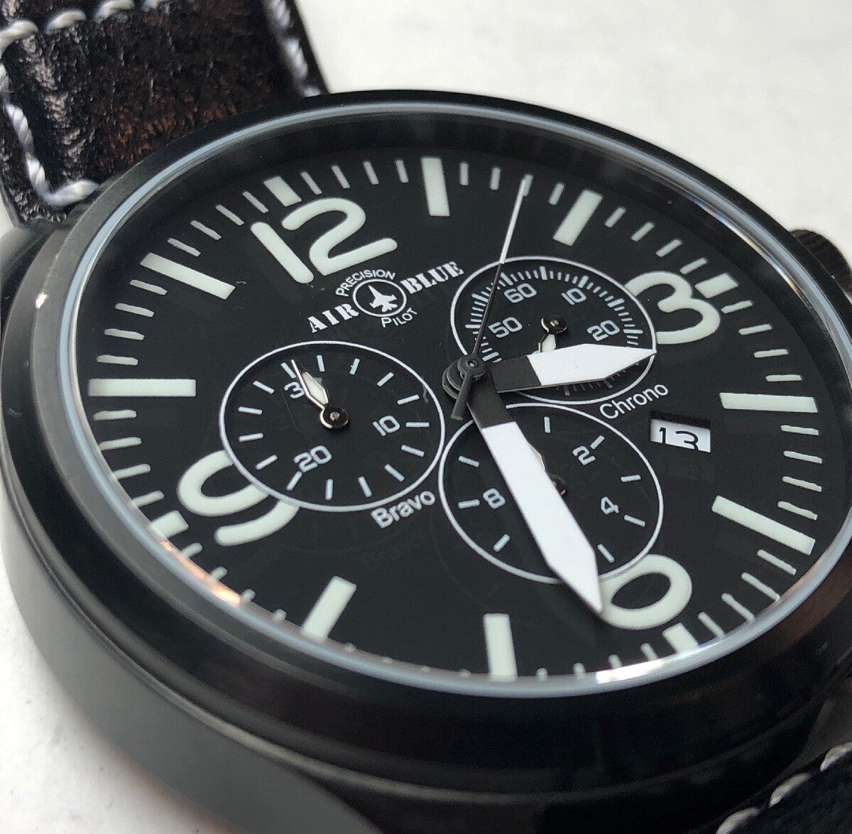 Air Blue Bravo Precision Pilot Mens Watch Chronograph Black Leather Strap In Box