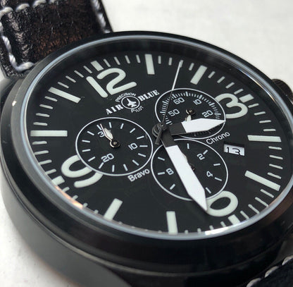 Air Blue Bravo Precision Pilot Mens Watch Chronograph Black Leather Strap In Box