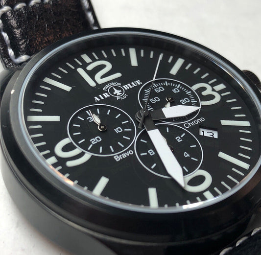 Air Blue Bravo Precision Pilot Mens Watch Chronograph Black Leather Strap In Box