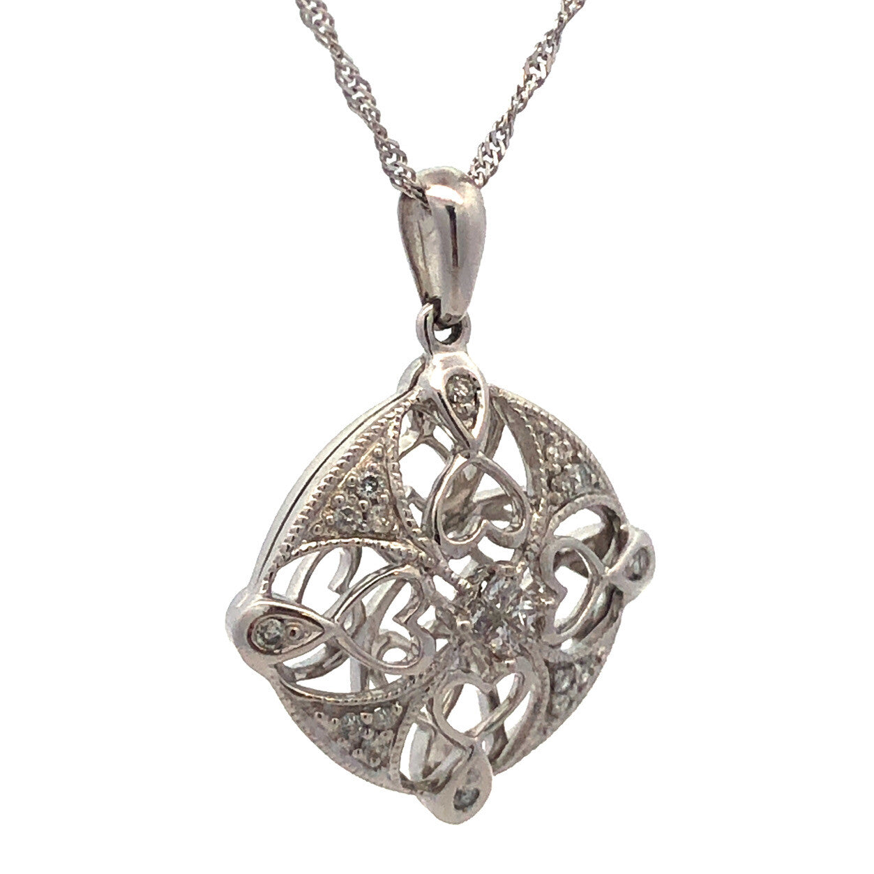 14K White Gold Diamond Filigree Cutout Bridal Pendant Anniversary Necklace
