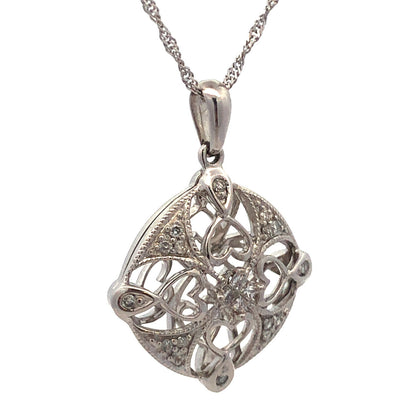 14K White Gold Diamond Filigree Cutout Bridal Pendant Anniversary Necklace