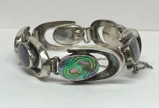 Vintage Artisan ND Sterling Silver 925 Abalone Shell Horse Shoe Link Bracelet