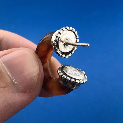 Vintage 925 Sterling Silver Amber Tube Half Hoop Stud Earrings