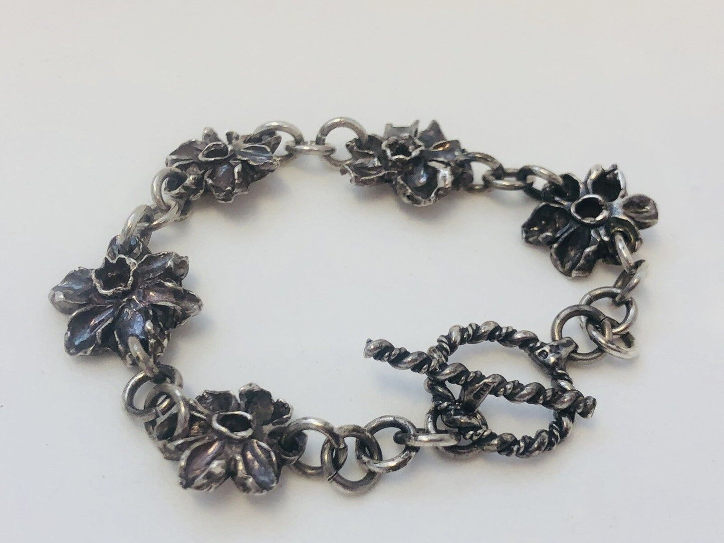 Native American Signed Sterling Silver 925 Flower Panel Toggle Bracelet