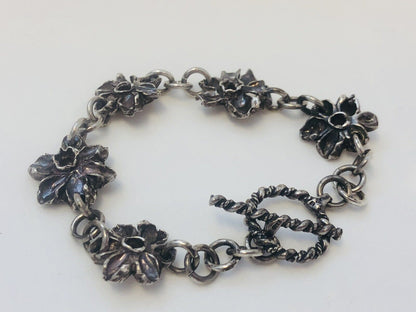 Native American Signed Sterling Silver 925 Flower Panel Toggle Bracelet