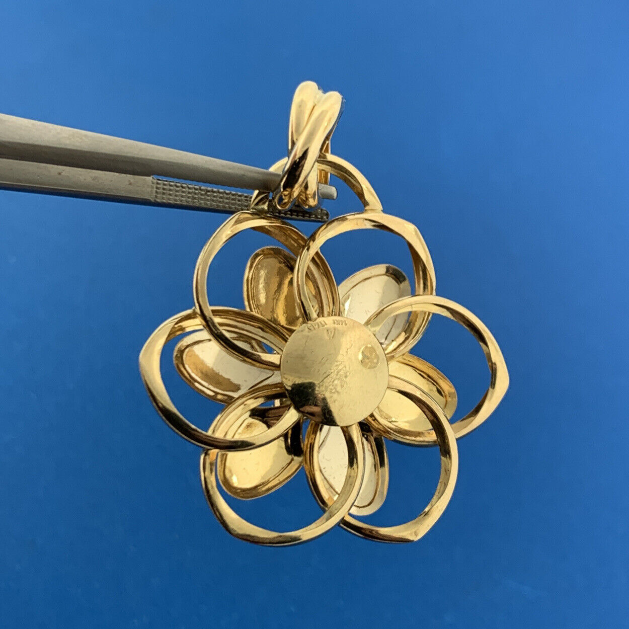 Designer Italy 14K White Yellow Gold Two Toned Brushed Statement Floral Pendant