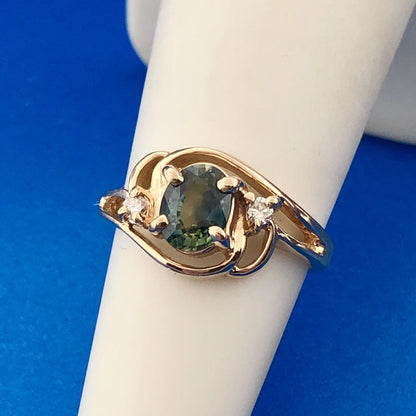 Estate 14k Yellow Gold Green Sapphire Diamond Accent Openwork Anniversary Ring