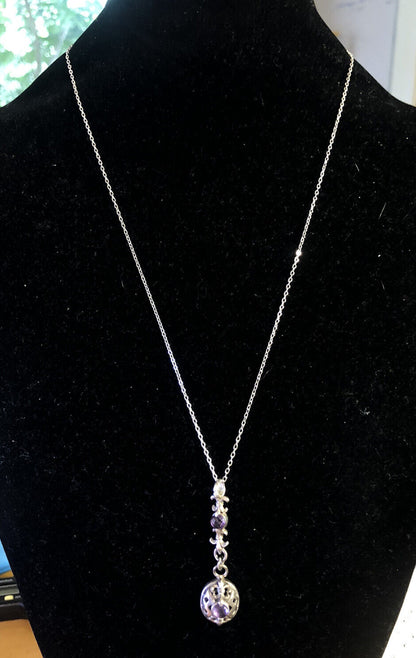 Vintage Designer 925 Sterling Silver Amethyst Fleur De Lis Pendant Necklace