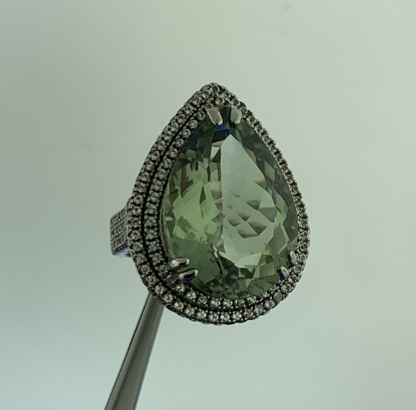 Designer 925 Sterling Silver Green Amethyst Diamond Halo Statement Cocktail Ring