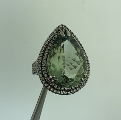 Designer 925 Sterling Silver Green Amethyst Diamond Halo Statement Cocktail Ring