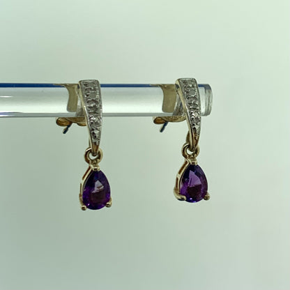 Estate Sterling Silver Vermeil Two Tone Amethyst Diamond Dangle Stud Earrings