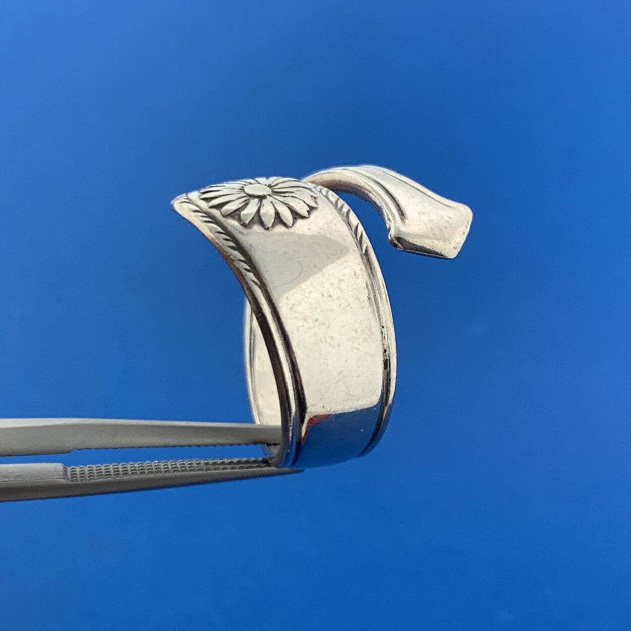 Designer 925 Sterling Silver Floral Flower Bypass Spoon Adjustable Ring