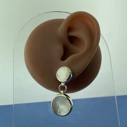 Designer 925 Sterling Silver Mother Of Pearl Disc Modernist Dangle Drop Earrings