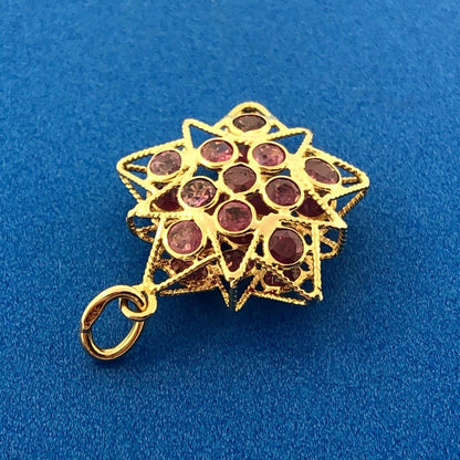 18K Yellow Gold Ruby Cluster Starburst Snowflake Flower July Charm Pendant