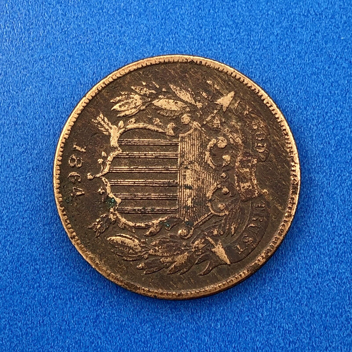1864 P Bronze Two-Cent Piece Union Shield Large Motto Philadelphia Mint Coin