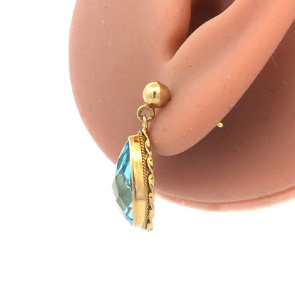 Designer Italy 18K Yellow Gold Pear Cushion Cut Blue Topaz Dangle Drop Earrings